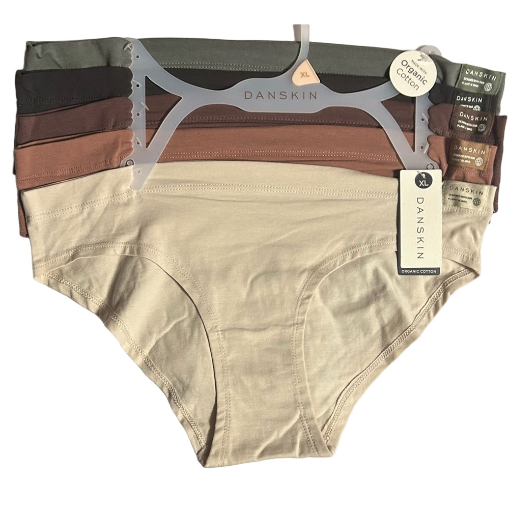 Danskin Woman’s 5 Pack Organic Cotton Panties Brown, Green, Cream and Black XL